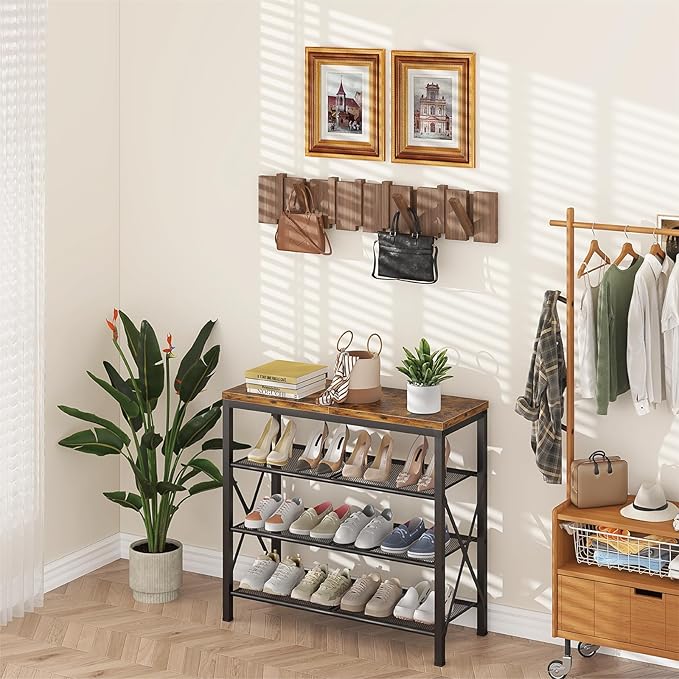 4 Tier Shoe Rack, Metal Shoe Organizer with Wooden Top, Shoe Shelf for Entryway Closet Door Entrance, Rustic Brown