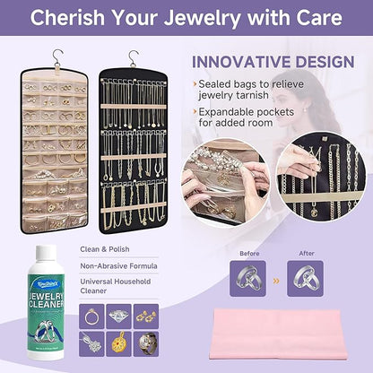 Hanging Jewelry Organizer & Cleaning Kit - Storage Bag with Metal Hooks Double-Sided Jewelry Rack Cleaning Solution Polishing Cloth Anti-Tarnish Bags Fits Necklaces Rings on Closet, Wall, Door, Black