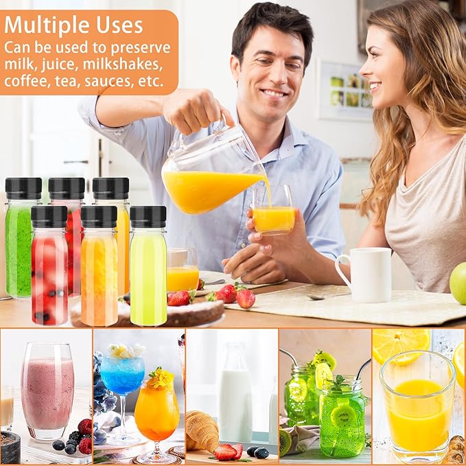 30 Pcs 2oz Plastic Bottles with Black Lids,Round Ginger Shots containers with 10 Funnels,Small Leak-Proof Juice Bottles for Milk,Drinking,Potion,Ginger Shots,Whiskey
