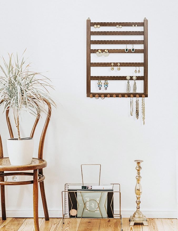 Mymazn Easy Assemble Solid Walnut Wood Earring Wall Holder Hanging Jewelry Organizer Necklace Holder Earring Hanger Wall Mount Jewelry Organizer for Necklaces Rings Scruncies Organization