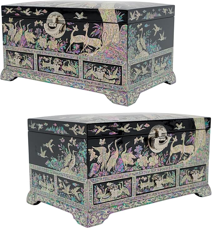 February Mountain Lockable Korean Mother-of-Pearl Jewelry Box - Najeon Chilgi Lacquerware with Crane and Floral Design, Vibrant Black Finish, Handmade (Black)