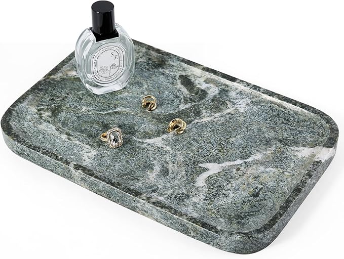 Koville Marble Tray, 12"x8" Natural Marble Vanity Tray for Countertop Bathroom Kitchen Dresser, Marble Catchall Trays for Perfume Jewelry, Decorative Rectangular Tray Home Decor(Green)