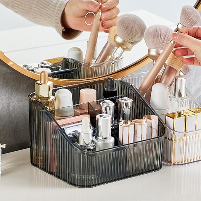 Makeup Organizer Cosmetics Storage Box, Large Capacity Make Up Brush Holder Organizer Vanity Accessories, Bathroom Countertops, Desk Storage Container, Cosmetic Display cases(Gray-L)