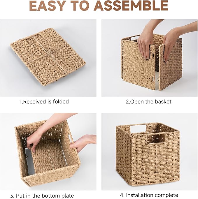 StorageWorks 9 inch Wicker Storage Cubes, Handwoven Wicker Baskets for Storage, Square Cube Organizer Bins, Foldable Paper Rope Basket for Organizing, Natural, 2 Pack