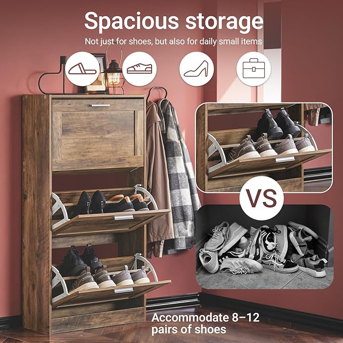 Haotian Shoe Cabinet Storage for Entryway, Narrow Shoe Cabinet with Three Flip Drawers to Save Space, Shoe Rack Cabinet for Front Door Entrance Hallway (Natural)