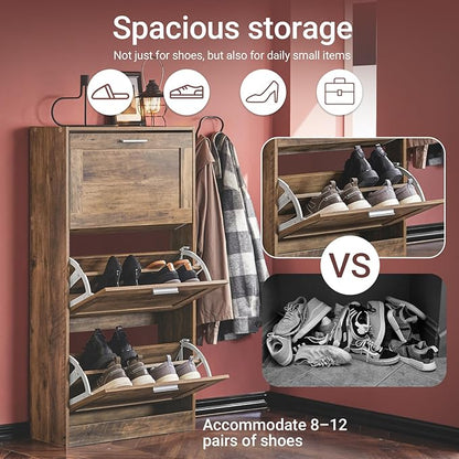 Haotian Shoe Cabinet Storage for Entryway, Narrow Shoe Cabinet with Three Flip Drawers to Save Space, Shoe Rack Cabinet for Front Door Entrance Hallway (Natural)