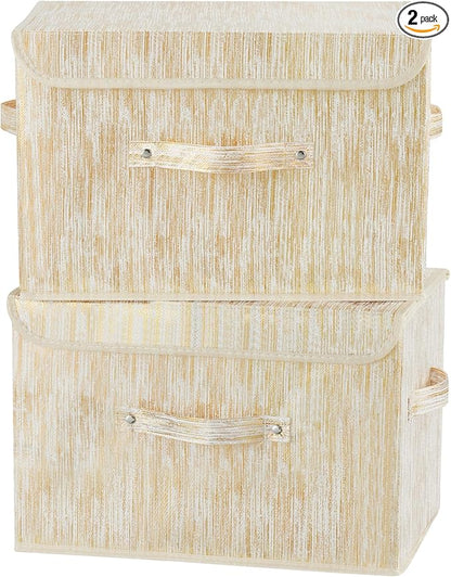 2PCS Decorative Storage Boxes with Lid Luxury Metallic Fabric Storage Bins Organizer Container Collapsible Shelf Basket with Handles for Home Bedroom Closet Office (Gold, Large Size)