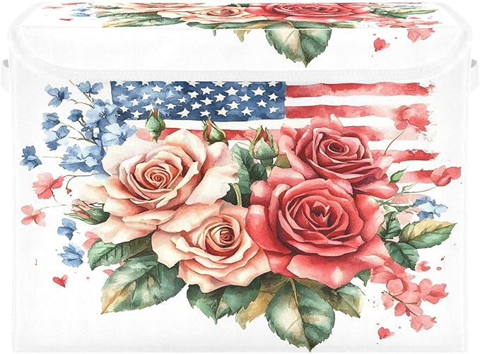 senya July Fourth Baskets Collapsible Storage Bins with Lids, Roses Gypsophila Flag Storage Boxes Clothes Baskets for Organizing