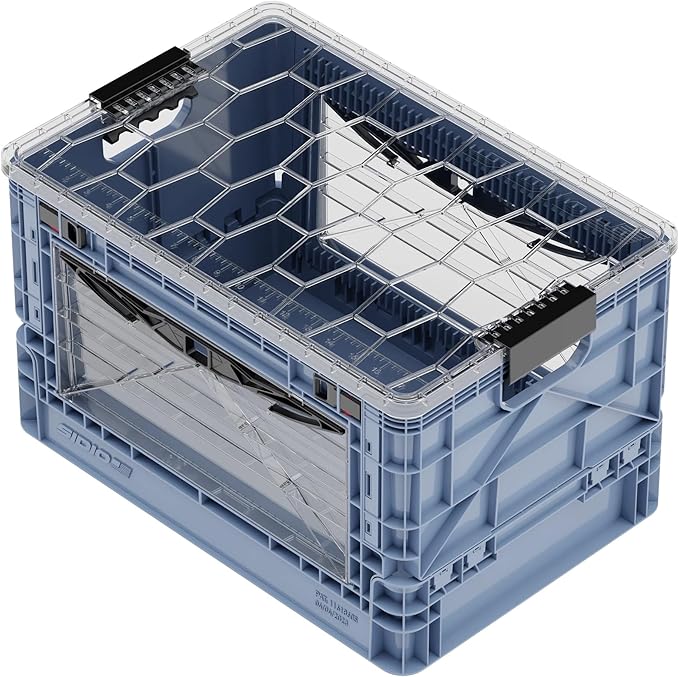 SIDIO Full-Size Collapsible Crate - Heavy Duty Stackable Storage Bin with Lid & 2 Short-Ways Dividers, Durable Plastic Organizer for Home, Office, Garage & Outdoor Use (Navy Gray)