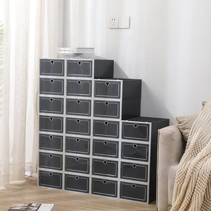 24 Pack Stackable Shoe Boxes with Clear Flip Lids - Foldable Shoe Storage Organizer for Closet Cabinet, Avocado Green/Black Options for Sneakers Flats Home Organization (Black)