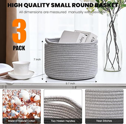 ICERZCZ Small Storage Baskets for Organizing, Organizer Baskets for Shelves, Small Woven Basket for Storage, Cute Basket for Gifts Empty, Soft Cotton Rope Baskets, 9.7"×9.7"×7" (3 Packs) Grey