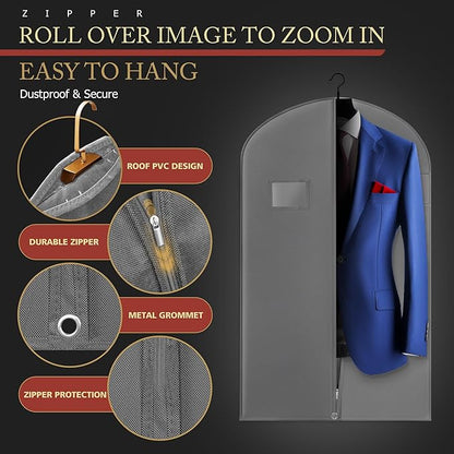 5 Pack 40-inch Suit Bag Garment Bag for Travel and Storage, Garment Bags for Hanging Clothes with Zipper and Visible Transparent Window, Gray