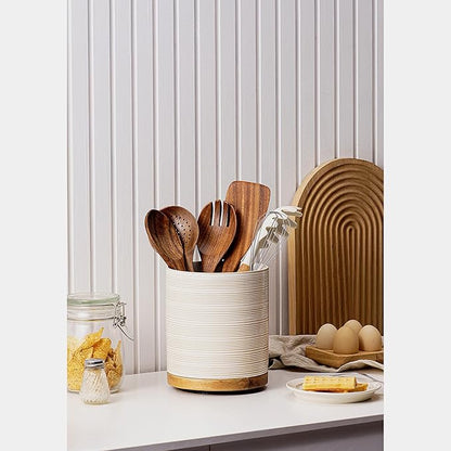 Utensil Holder, 360° Rotating Extra Large Ceramic Kitchen Utensil Holder for Countertop, 7.3“ Cooking Utensil Crocks for Kitchen Counter with Rotatable Wooden Base, Farmhouse Decor, Arctic White