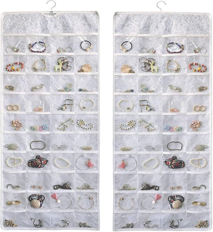 BB Brotrade Hanging Jewelry Organizer,Double Sided Jewelry Storage Organizer with Embossed Pattern,80 Clear PVC Pockets Organizer for Holding Jewelries