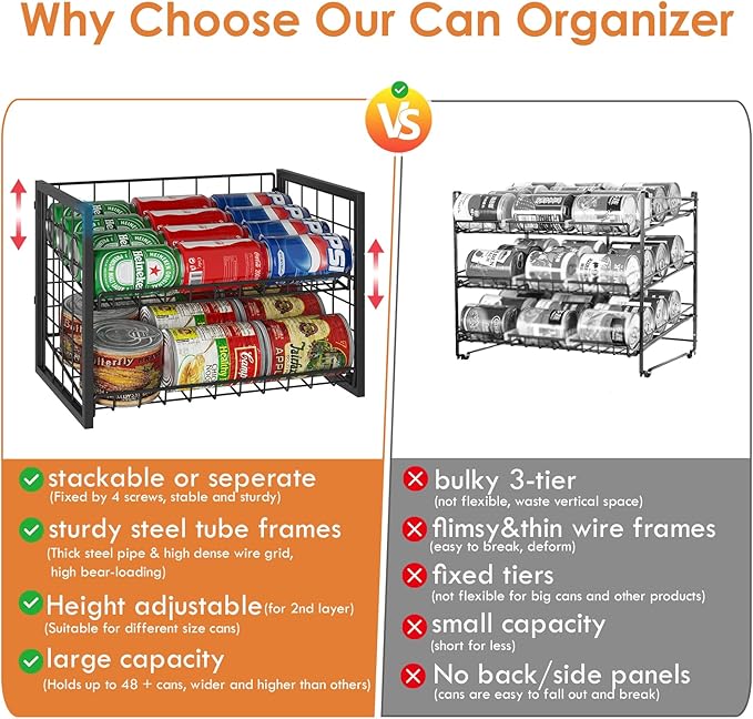 X-cosrack 2 Packs Stackable Can Rack Organizer for Pantry, 2-Tier Sturdy Adjustable Pantry Can Storage Organizer for Canned Food Can Goods, Kitchen Can Dispenser Holder for Soda Drinks Snack, Black