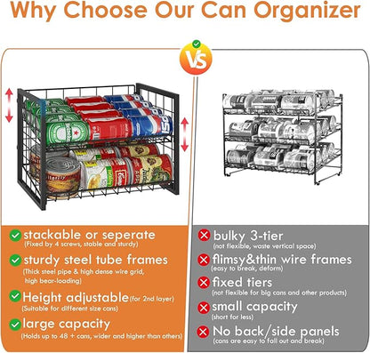 X-cosrack 2 Packs Stackable Can Rack Organizer for Pantry, 2-Tier Sturdy Adjustable Pantry Can Storage Organizer for Canned Food Can Goods, Kitchen Can Dispenser Holder for Soda Drinks Snack, Black