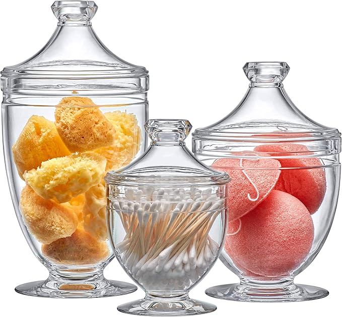 Amazing Abby - Aspire - Plastic Bathroom Canisters (3-Piece Set, 46/34/12 oz) (NOT Glass), Acrylic Apothecary Jars for Vanity, BPA-Free and Shatter-Proof, Great for Cotton Balls and Bath Sponges
