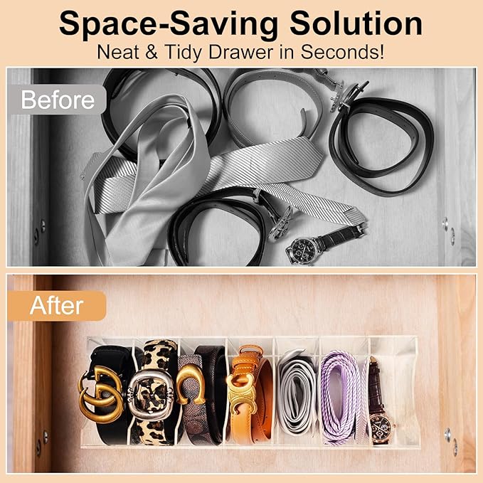Belt Organizer Storage for Closet, Acrylic Belt Holder Box with 7 Compartments for Drawer, Clear Tie Display Case for Men Women, Home Organization
