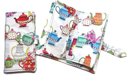 Tea Bag Wallet, XL, Featuring Tea Cups and Flowers, Twelve Pockets, Nothing Falls Out, Secure Hold Tea Bags, Includes 4 Tea Bags, Quilted Handmade, Your Choice of Fabric