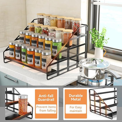 Bunoxea Spice Rack Kitchen Cabinet Organizer,4 Tier Countertop Spice Rack,Tier Depth Adjustable Cabinet Shelf,Step Spice Organization Easy Visibility,Holds Seasoning and Condiments