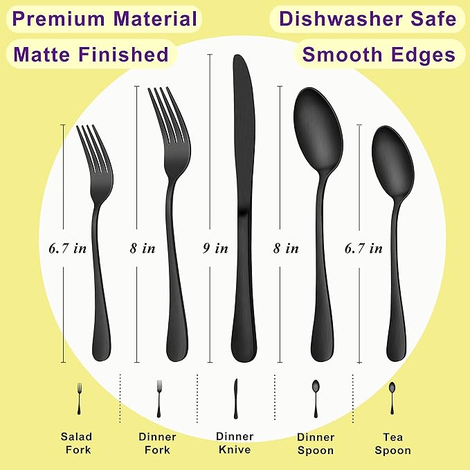 Herogo 40-Piece Matte Black Silverware Set with Drawer Organizer, Stainless Steel Flatware Cutlery Set for 8, Modern Tableware Eating Utensils with Tray, Dishwasher Safe, Satin Finish
