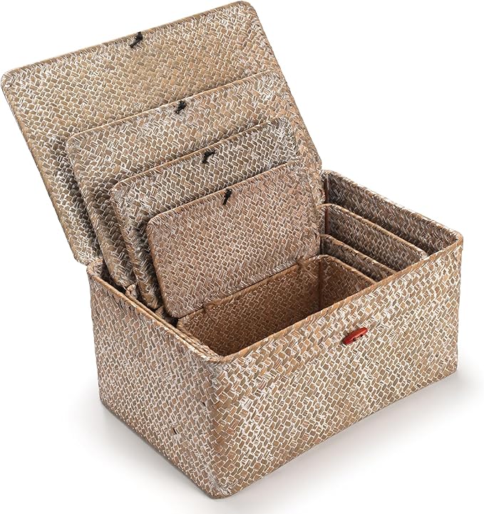 4 Pack, Wicker Baskets with Lids, Nautral Seagrass Storage Baskets, Woven Rectangular Basket Bins, Rattan Storage Organizer for Shelf (Whitewashed, Set of 4)