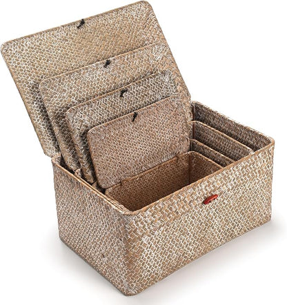 4 Pack, Wicker Baskets with Lids, Nautral Seagrass Storage Baskets, Woven Rectangular Basket Bins, Rattan Storage Organizer for Shelf (Whitewashed, Set of 4)