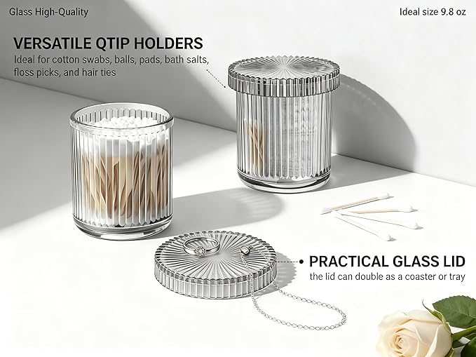 2 Pack Glass Qtip Holder Dispenser Set - Bathroom Organizer for Cotton Swabs, Balls, Pads, Floss Picks - Clear Apothecary Jars for Vanity, Makeup Storage, Bathroom Accessories Decor (Gray&Black)
