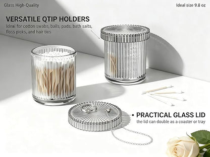 2 Pack Glass Qtip Holder Dispenser Set - Bathroom Organizer for Cotton Swabs, Balls, Pads, Floss Picks - Clear Apothecary Jars for Vanity, Makeup Storage, Bathroom Accessories Decor (Gray&Black)