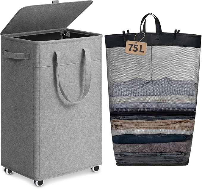 Goodpick Laundry Basket with Wheels and Lid, 75L Rolling Laundry Hamper with Removable Wash Bag and Handles, Collapsible Large Tall Dirty Clothes Hamper for Bathroom Dorm, Light Grey