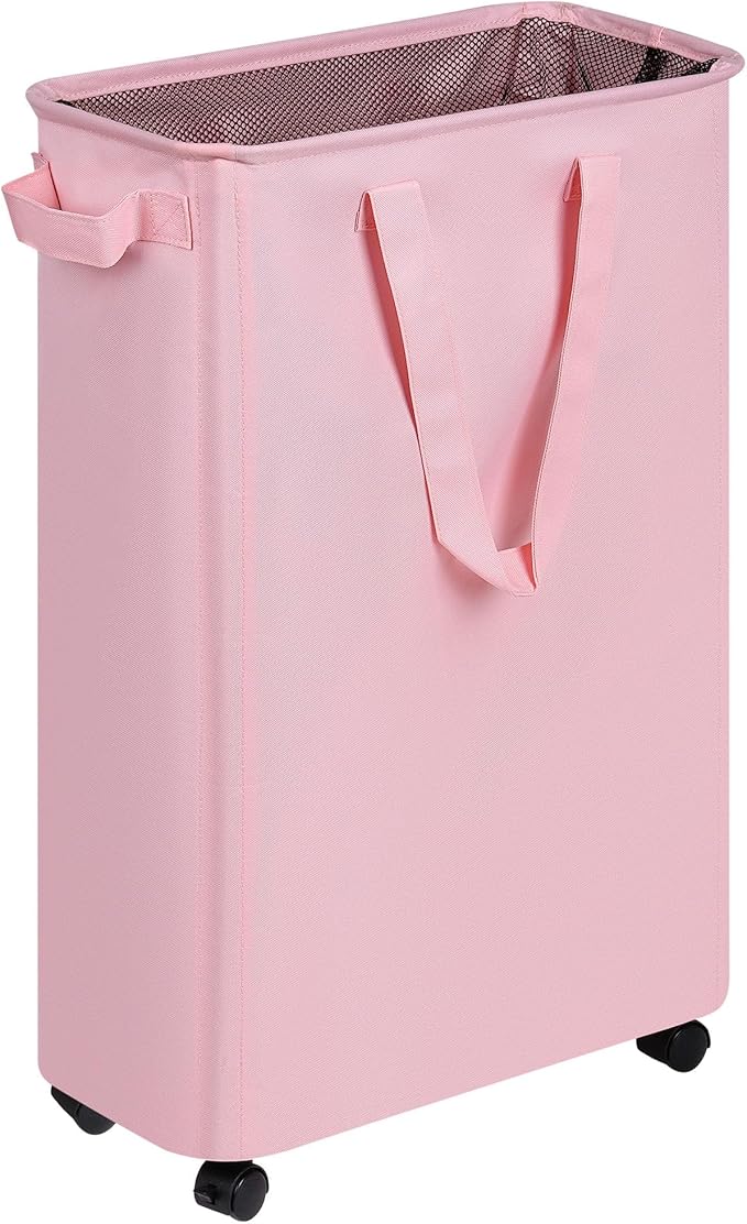 efluky Slim Laundry Hamper with Wheels, Rolling Laundry Basket for Clothes, Small Laundry Basket for Bedroom, Dorm and Laundry Room, 60L (12.7 Gallons) Pink