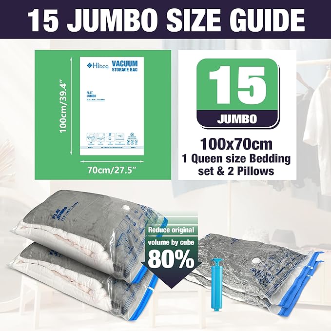 HIBAG 15 Jumbo Vacuum Seal Bags for Clothing, Vacuum Storage Bags for Clothes, Comforters, Blankets, Bedding (15J)