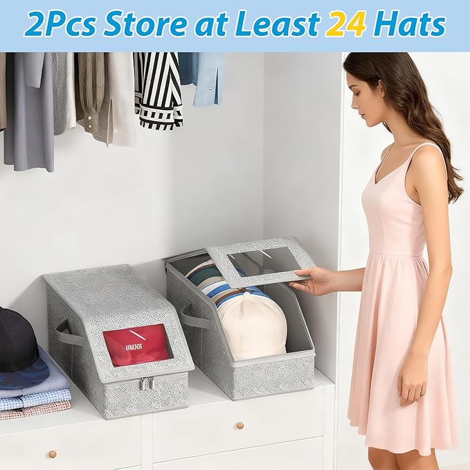Hat Storage for Baseball Caps,2 PCS Stackable Hat Storage Boxes holds up to 24 Caps Hat Organizer for Closet, Sturdy Snapback Hat Boxes for Women&Men with Clear Window for Closet, Grey
