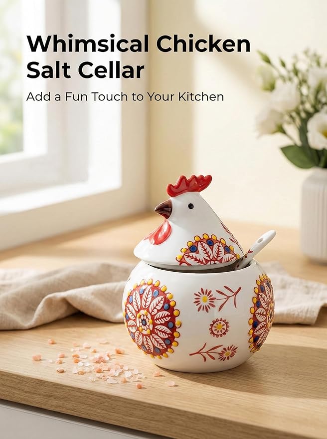 Ceramic Salt Cellar with Lid and Spoon 13oz Large Chicken Rooster Cookie Jar Salt Containers Holder for Counter, Coffee, Sugar, Spices and Candies Holder Ideal for Easter Day Home Kitchen Decor (Red)