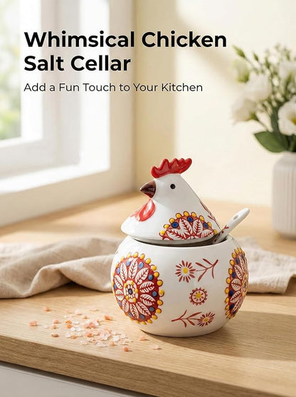 Ceramic Salt Cellar with Lid and Spoon 13oz Large Chicken Rooster Cookie Jar Salt Containers Holder for Counter, Coffee, Sugar, Spices and Candies Holder Ideal for Easter Day Home Kitchen Decor (Red)