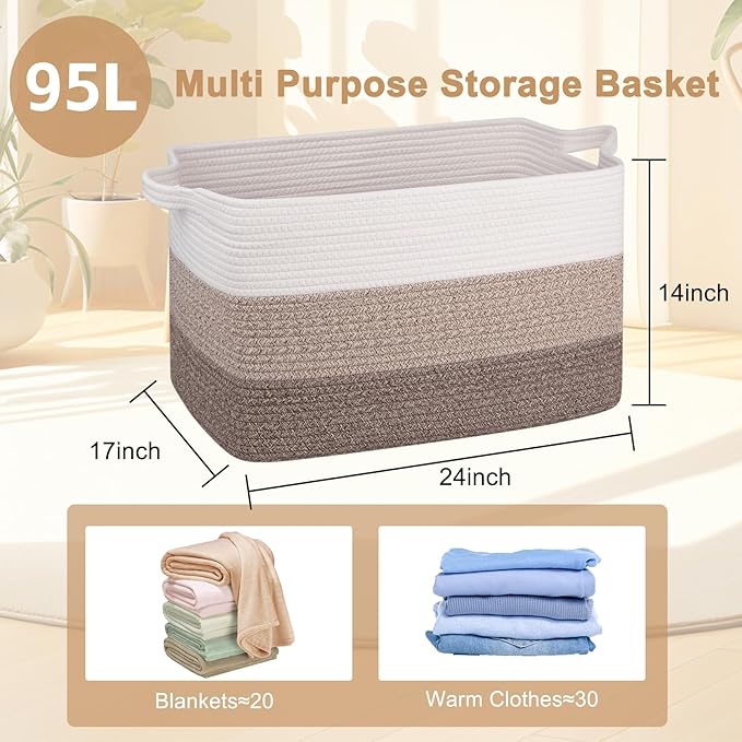 OIAHOMY Extra Large Blanket Basket, 95L Cotton Rope Woven Laundry Basket, Toy Bin for Baby Room, Container for Blanket Storage in Living Room, 24''×17''×14'', Gradient Brown