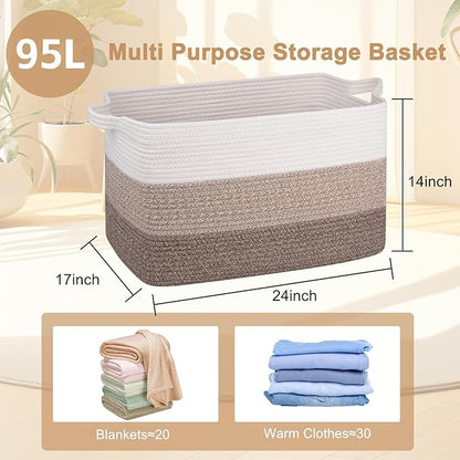 OIAHOMY Extra Large Blanket Basket, 95L Cotton Rope Woven Laundry Basket, Toy Bin for Baby Room, Container for Blanket Storage in Living Room, 24''×17''×14'', Gradient Brown