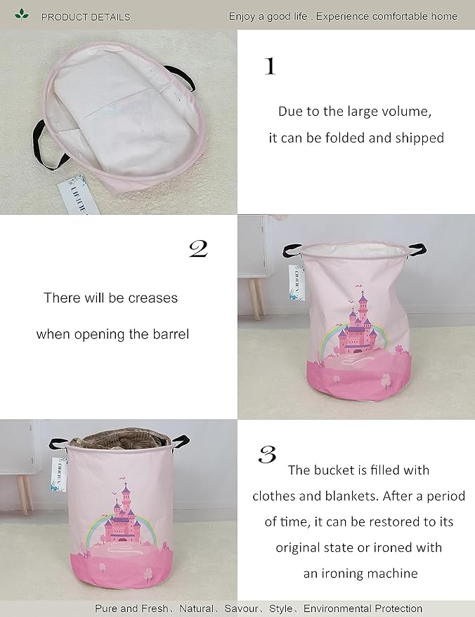 Laundry Hamper, Round Waterproof Storage Basket with Handle, Foldable, Pink Castle, 19.7in(H) x 15.7in(D), for Children's Room and Toy Storage
