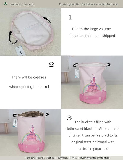 Laundry Hamper, Round Waterproof Storage Basket with Handle, Foldable, Pink Castle, 19.7in(H) x 15.7in(D), for Children's Room and Toy Storage