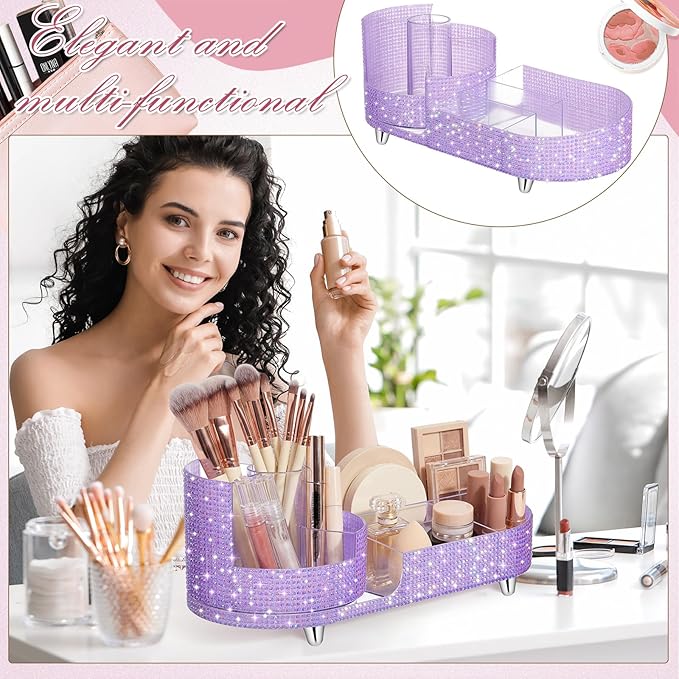 Teen Girls Mother's Day 360 Rotating Bling Makeup Organizer Gift Rhinestone Diamond Bathroom Organizer Girly Skin Care Brush Holder for Countertop, Bathroom Essentials(Purple,Rhinestone)