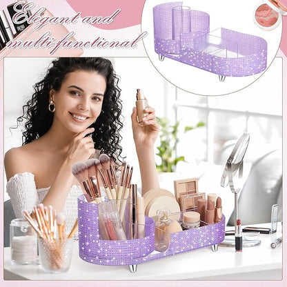 Teen Girls Mother's Day 360 Rotating Bling Makeup Organizer Gift Rhinestone Diamond Bathroom Organizer Girly Skin Care Brush Holder for Countertop, Bathroom Essentials(Purple,Rhinestone)