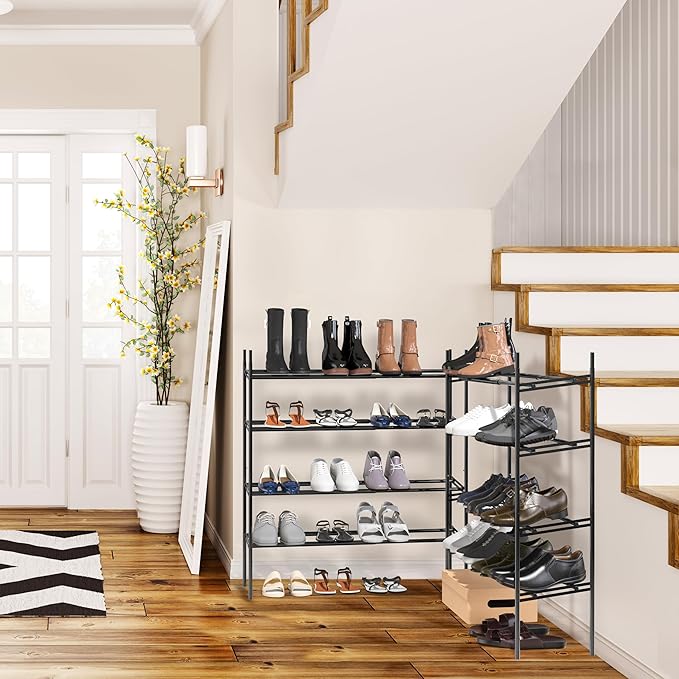 Simple Houseware Space-Saving 4-Tier Shoe Rack - Expandable & Stackable Metal Footwear Organizer for Entryway or Closet, Black