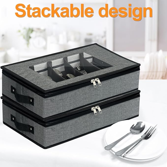 2 Pack Flatware Utensil Storage - Sturdy Silverware Storage Box with Dividers, 5 Compartment Flatware Storage Case with Handles and Removable Lid for Moving&Protected(Dark Gray)