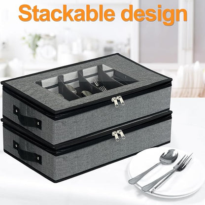 2 Pack Flatware Utensil Storage - Sturdy Silverware Storage Box with Dividers, 5 Compartment Flatware Storage Case with Handles and Removable Lid for Moving&Protected(Dark Gray)