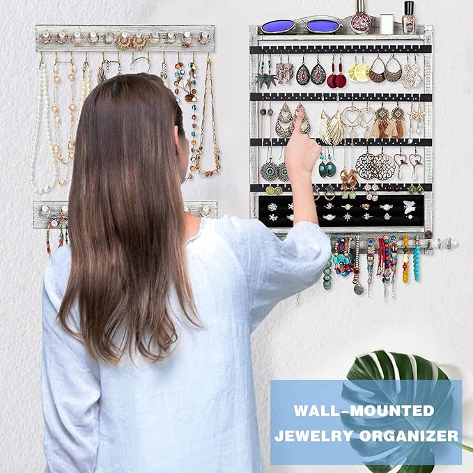 Wall Jewelry Organizer Set of 3 Jewelry Holder Jewelry Organizer Wall Mounted Wood Hanging Jewelry Wall Organizer Rustic Jewelry Hanger for Jewelry Storage Display