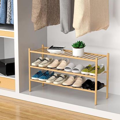 ROMGUAR CRAFT 3-Tier Bamboo Long Shoe Rack, Free Standing Wood Shoe Shelf Storage Organizer for Closet Entryway Stackable 35"x11"x20" (Natural)