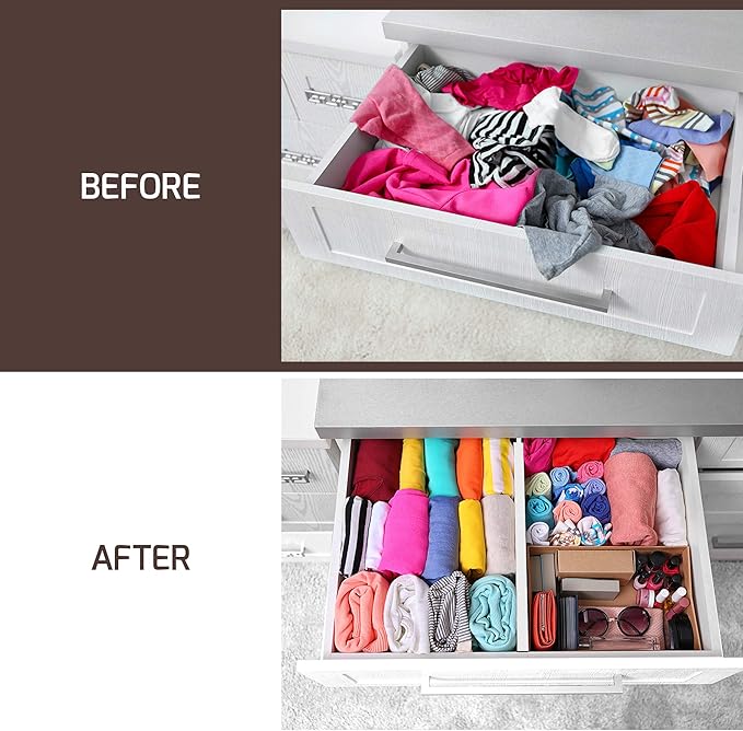 6-Pack Drawer Dividers - 2.6 Inches High, Adjustable 16 to 22 Inches Bamboo Drawer Organizer, Large Expandable Separator for Clothes, Dresser, Bedroom, Bathroom, Baby, Office, Kitchen Utensils, White