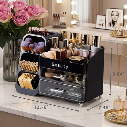 Makeup Organizer for Vanity with Brush Holder, Countertop Makeup organizer with Drawers for Skincare, Cosmetics, Perfumes, Eyeshadow Palettes, Spacious Cosmetic storage organizer
