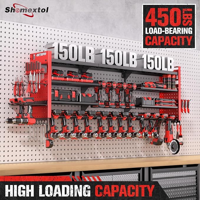 49.8" W Super Large Power Tool Organizer Wall Mount,4-Layer Heavy Duty Tool Storage with 18 Cordless Drill Holder,600 lb Capacity Garage Organization for Garage and Workshop (Red)