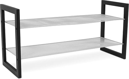 Internet's Best Mesh Shoe Rack - 2 Tier - Free Standing Metal Wood Shoe Organizer - Closet and Entryway - Fits 8 Pairs of Shoes - Black & Silver